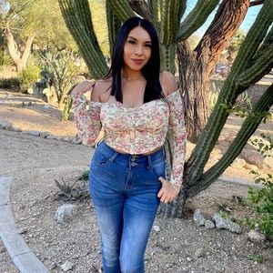 Off the shoulder corset long sleeve top, floral design